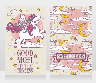 İyi geceler yıldızlar ve tek boynuzlu at ile şirin kartları