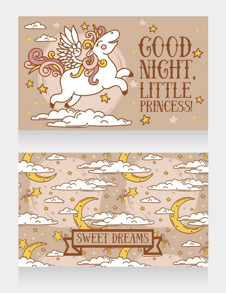 Cartões bonitos para boa noite com estrelas e unicórnio — Vetor de Stock
