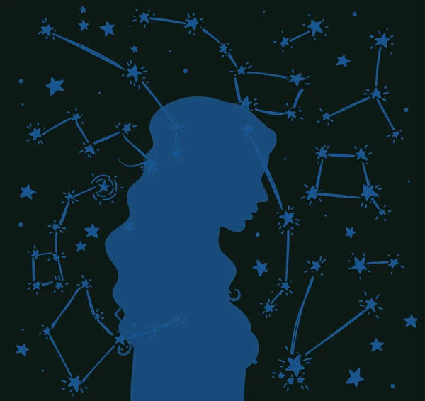"poster di tutte le mie stelle per te, silhouette da donna stellata su sfondo cosmico — Vettoriale Stock