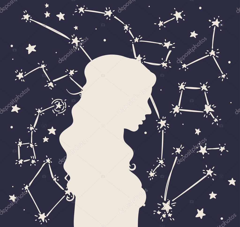  woman's silhouette on sketch constellation background