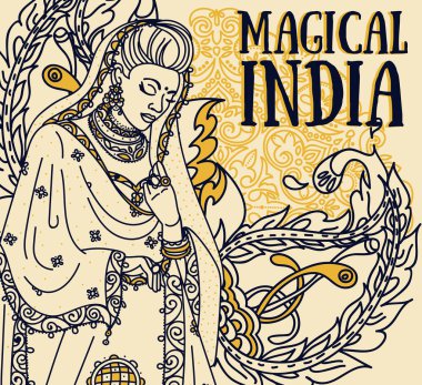 poster for magical india with beautiful indian woman in traditional saree and paisley ornament clipart