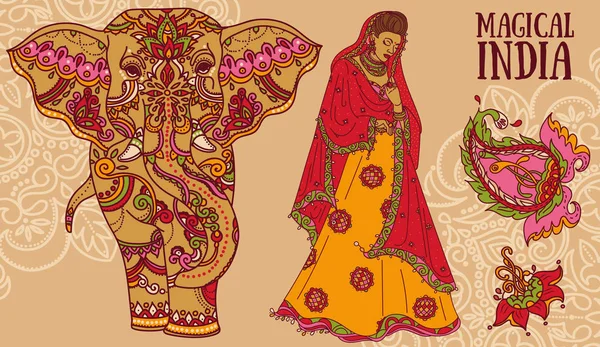 Conjunto de ilustraciones vectoriales para viajar a la India — Archivo Imágenes Vectoriales