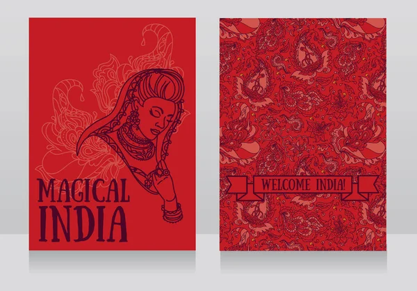 Zwei Poster für magisches Indien mit schöner indischer Frau in traditionellem Sare- und Paisley-Ornament — Stockvektor