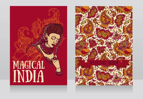 伝統的なサリーとペイズリーの飾りの美しいインドの女性と不思議なインドの 2 つのポスター — ストックベクタ