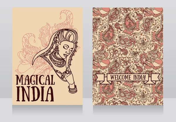 Два плаката для волшебной Индии с красивой индийской женщиной в традиционном сари и пейсли орнамент — стоковый вектор