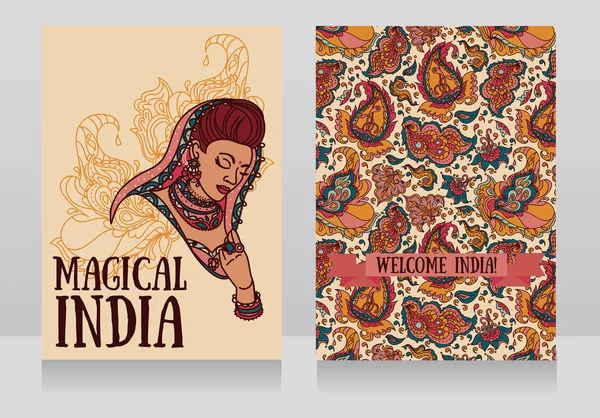 与传统纱丽和佩斯利装饰美丽的印度女人的神奇印度两张海报 — 图库矢量图片