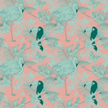 Tropikal kuşlar, bitki ve kelebekler ile Seamless Modeli