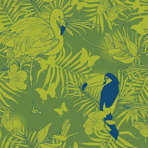 Seamless pattern with tropical birds, plants and butterflies — Stock Vector