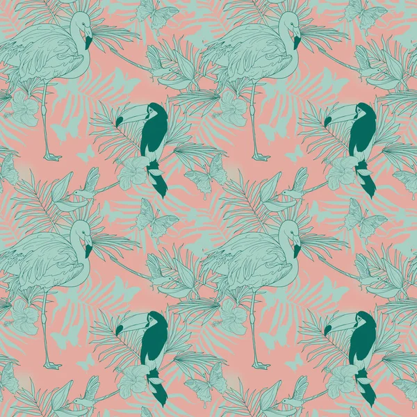 Seamless pattern with tropical birds, plants and butterflies — Stock Vector