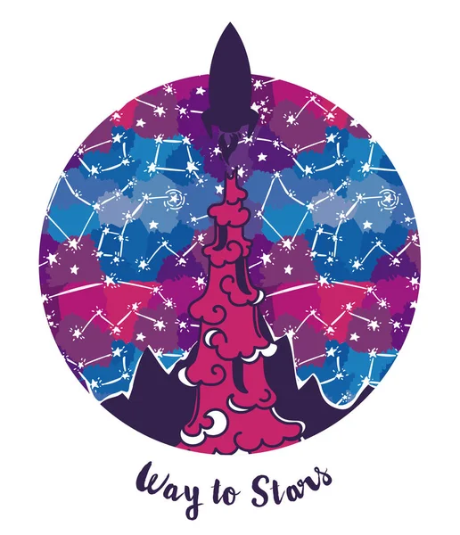 Affisch med start raket på stjärnklar bakgrund — Stock vektor