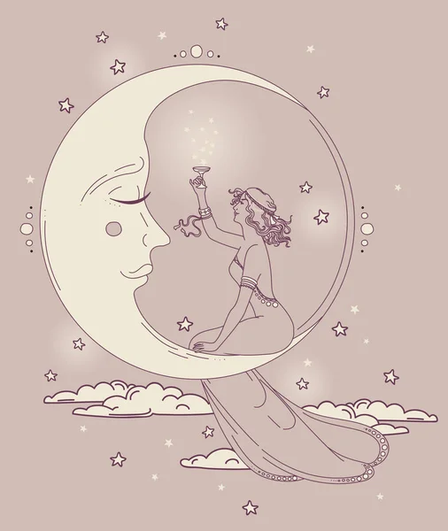 Bellissimo poster in stile liberty con donna festaiola e luna nel cielo stellato — Vettoriale Stock