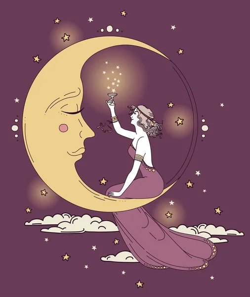 Beautiful poster in art nouveau style with party woman and moon in starry sky — Stock Vector