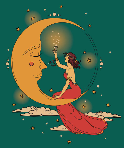 красивый плакат в стиле модерн с тусовщицей и луной в звездном небе
