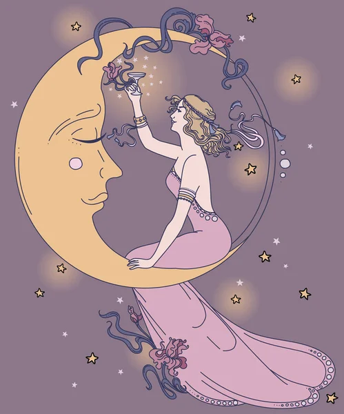 Belle affiche de style art nouveau avec femme de fête et lune dans le ciel étoilé — Image vectorielle