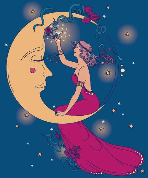 Prachtige poster in art nouveaustijl met partij vrouw en de maan in de sterrenhemel — Stockvector