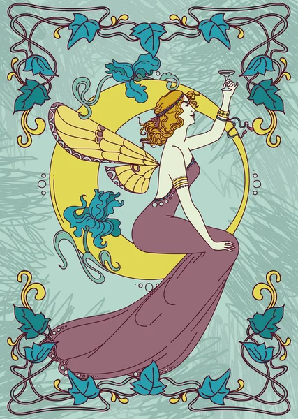 Belo cartaz em estilo art nouveau com mulher de fadas e lua e moldura floral —  Vetores de Stock