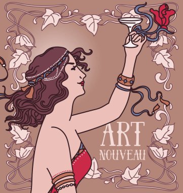 güzel poster art nouveau tarzında şampanya ve çiçek çerçeve içme retro kadınla
