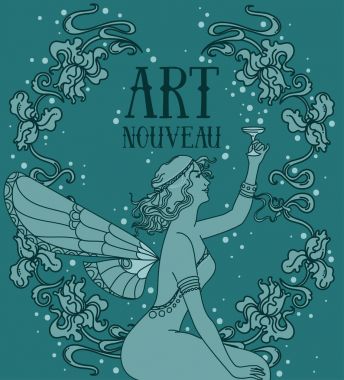 güzel poster art nouveau tarzında ile peri kadın ve irisler çerçeve çiçek