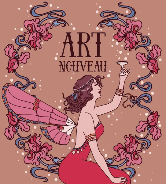 Prachtige poster in art nouveaustijl met fairy vrouw en irissen floral frame — Stockvector