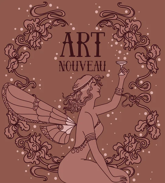 Prachtige poster in art nouveaustijl met fairy vrouw en irissen floral frame — Stockvector