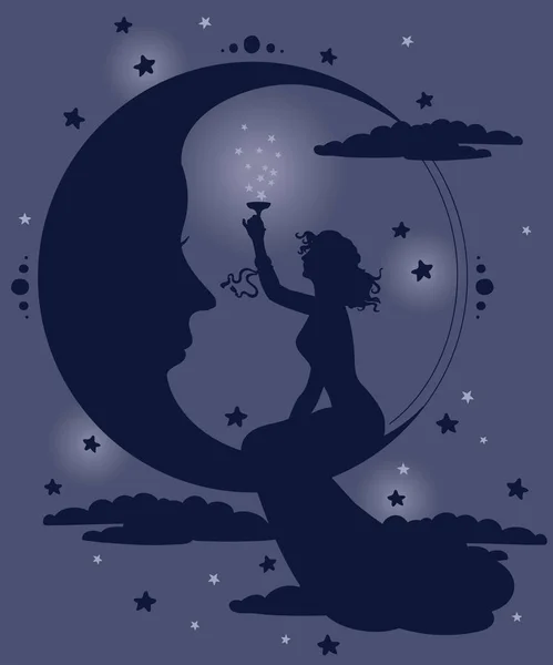 在艺术风格与女人在夜晚星空背景上喝香槟的美丽海报 — 图库矢量图片