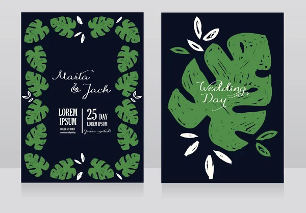 Hochzeitskarten mit Monsterblättern im handgezeichneten Stil — Stockvektor