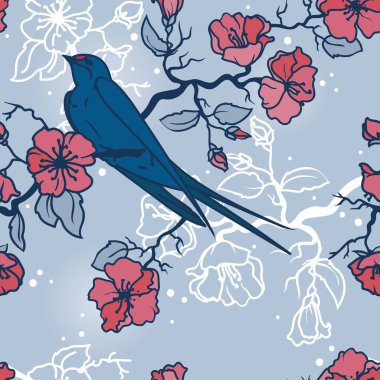 Çiçek açan ağaç dalları üzerinde oturan swallow ile Seamless Modeli