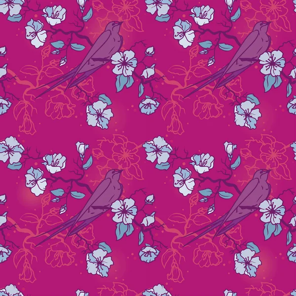 Modèle sans couture avec hirondelle assise sur des branches d'arbre en fleurs — Image vectorielle
