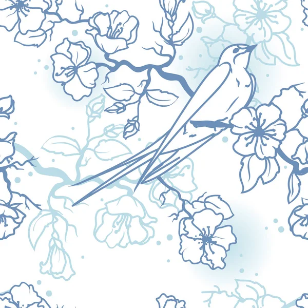 開花木の枝の上に座ってツバメのシームレス パターン — ストックベクタ