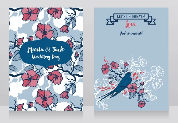 Kaarten voor de bruiloft met bloeiende boom takken en vergadering swallow — Stockvector