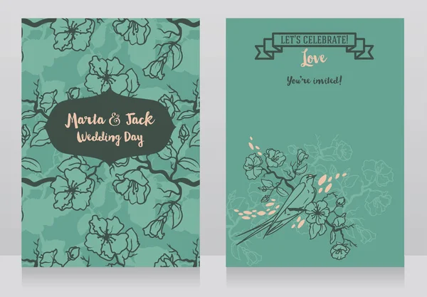 Cartes pour mariage avec branches d'arbres en fleurs et hirondelle assise — Image vectorielle