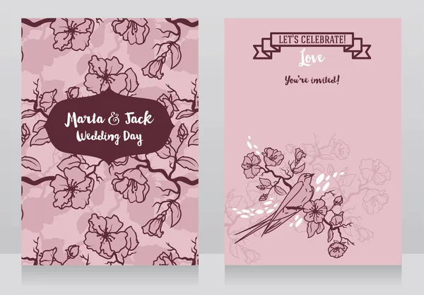 Cartes pour mariage avec branches d'arbres en fleurs et hirondelle assise — Image vectorielle