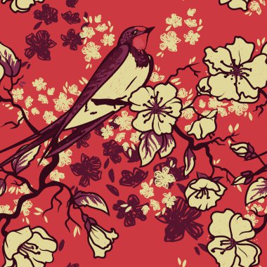 Çiçek açan ağaç dalları üzerinde oturan swallow ile Seamless Modeli