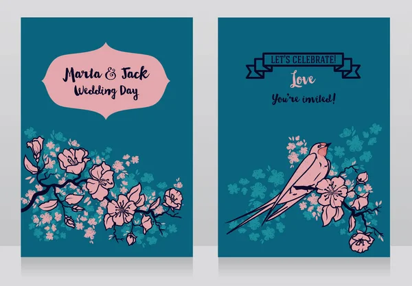 Κάρτες για γάμο με ανθίζοντας δέντρο κλαδιά και να το καταπιούν — Διανυσματικό Αρχείο