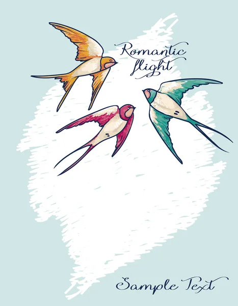 Tarjeta romántica con las golondrinas voladoras coloridas — Vector de stock