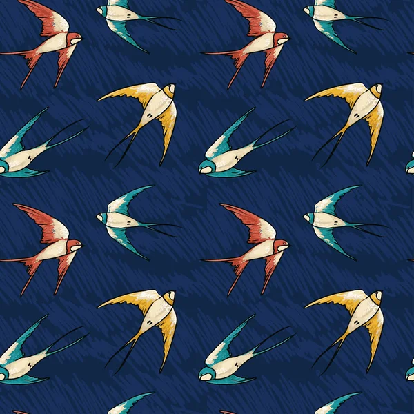 Бесшовный рисунок с летающими красочными ласточками — стоковый вектор