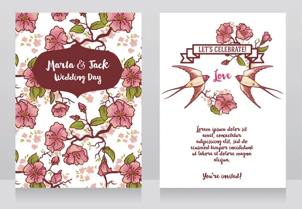Kaarten voor de bruiloft met bloeiende boom takken en zwaluwen paar — Stockvector
