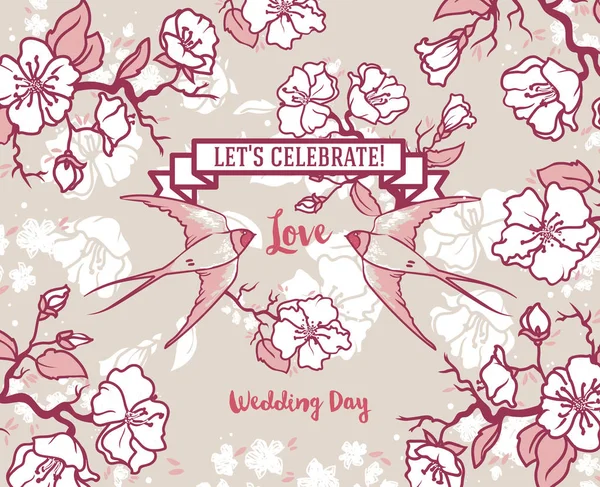 Romantische bruiloft kaart met paar zwaluwen en frame gevormd bloomig takken — Stockvector