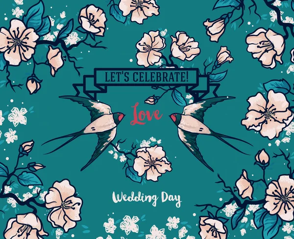 Romantische bruiloft kaart met paar zwaluwen en frame gevormd bloomig takken — Stockvector
