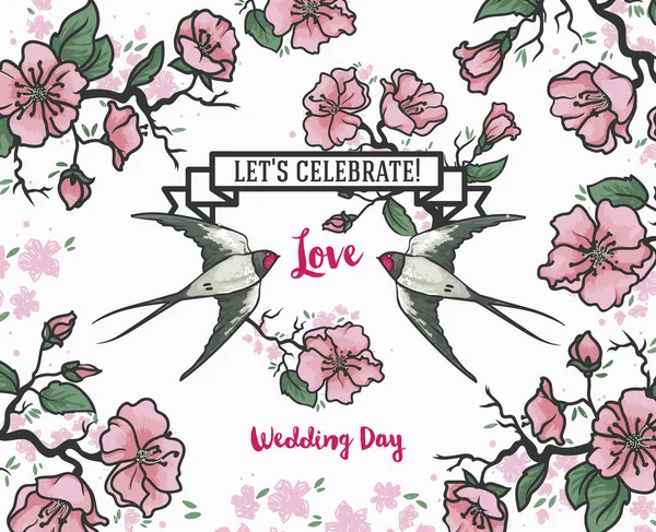 Tarjeta romántica de boda con un par de golondrinas y ramas de árbol formadas marco bloomig — Archivo Imágenes Vectoriales