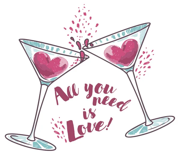 "Tout ce que vous avez besoin est l'amour "affiche avec deux verres de martini et les cœurs — Image vectorielle