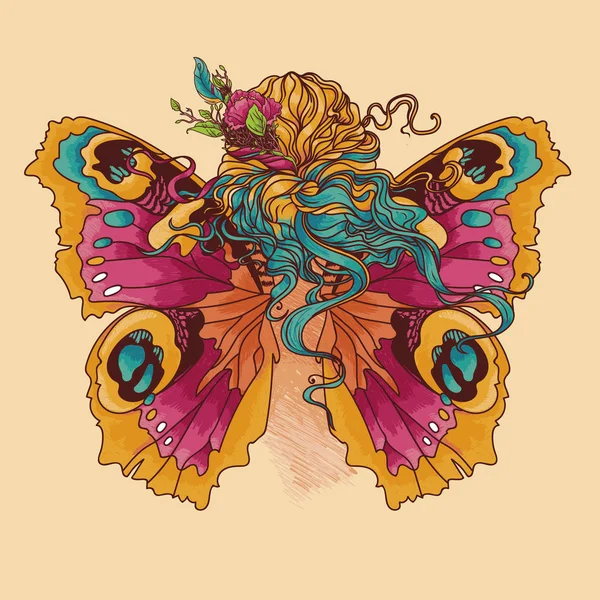 Mujer con flores en el pelo y alas de mariposa — Vector de stock