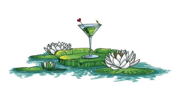 Green cocktail en waterlelies in water — Stockvector