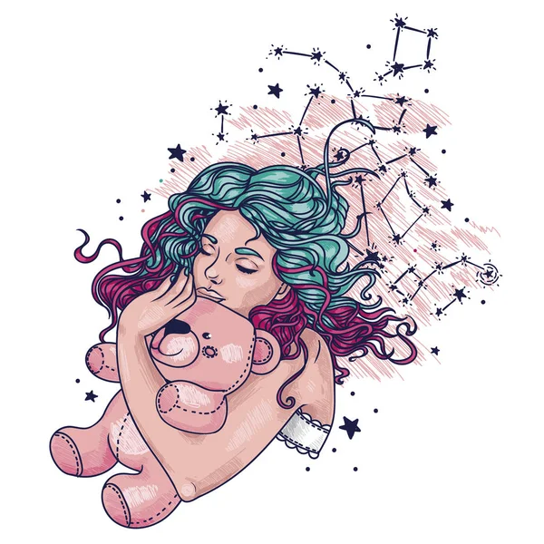 Pretty sleeping gilr with pink teddy bear and long curly colorful hair — Stock Vector