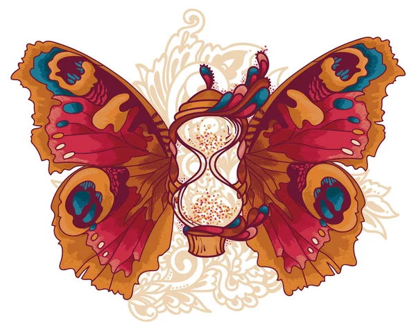 Beau sablier avec ailes de papillon — Image vectorielle