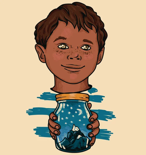 Drăguț african american băiat cu borcan magic în mâinile sale pe fundal alb — Vector de stoc