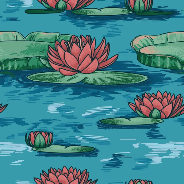 Бесшовный рисунок с водяными лилиями в воде — стоковый вектор