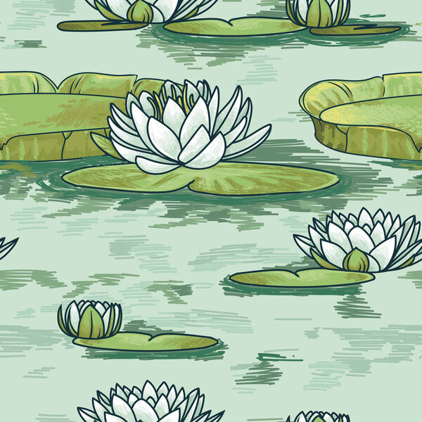 seamless pattern with water lilies in water