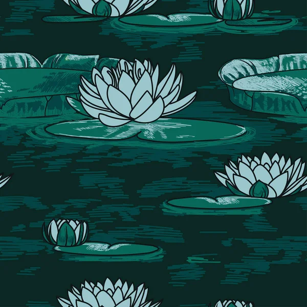 Seamless pattern with water lilies in water — Stock Vector