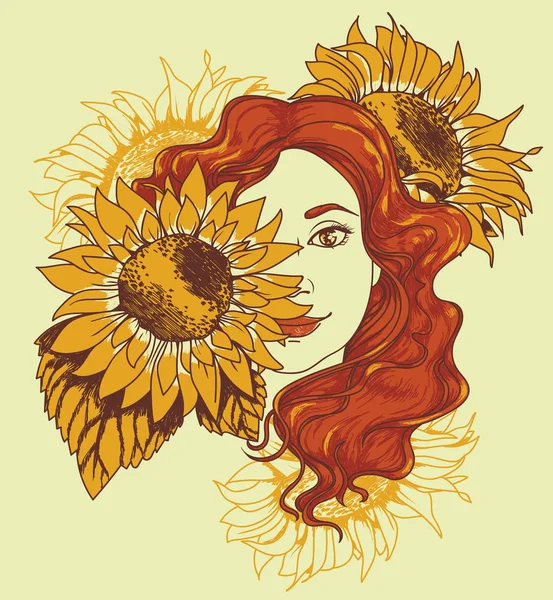 Pretty gilr with long curly ginger hair and sunflowers — Stock Vector